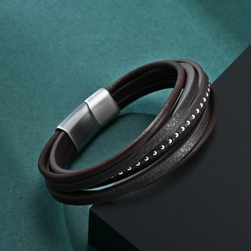 Alin New Braided Multi-Layer Genuine Leather Bracelet Men Stainless Steel Brown Leather Bracelet