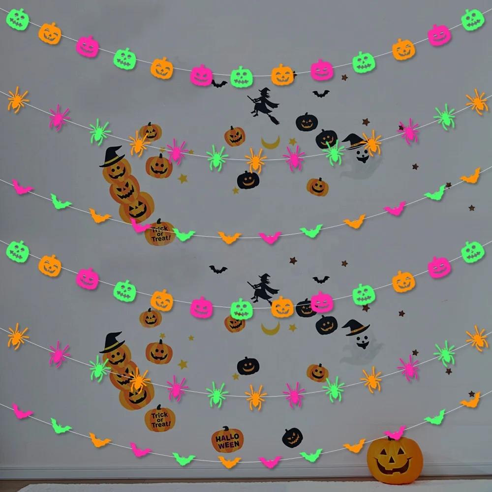 Halloween Glow Pumpkin Garland Decoration Halloween Party Supply Neon Garland Hanging Decoration Bat Shape Spider Hanging Banner