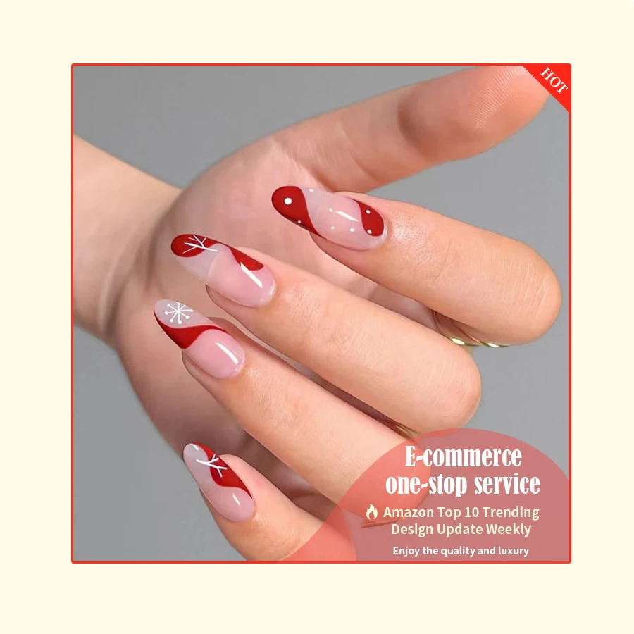 Faux Ongles Factory Suppliers Red Swirl Christmas Design Wholesale Price Salon Quality Oval Shape 2024 Trending Press On Nails