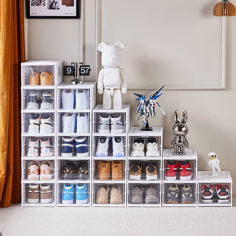 Foldable Shoe Storage Boxes with Lids 6 layers Clear Stackable Shoes Organizer Installation Free Flip Type Shoe Containers
