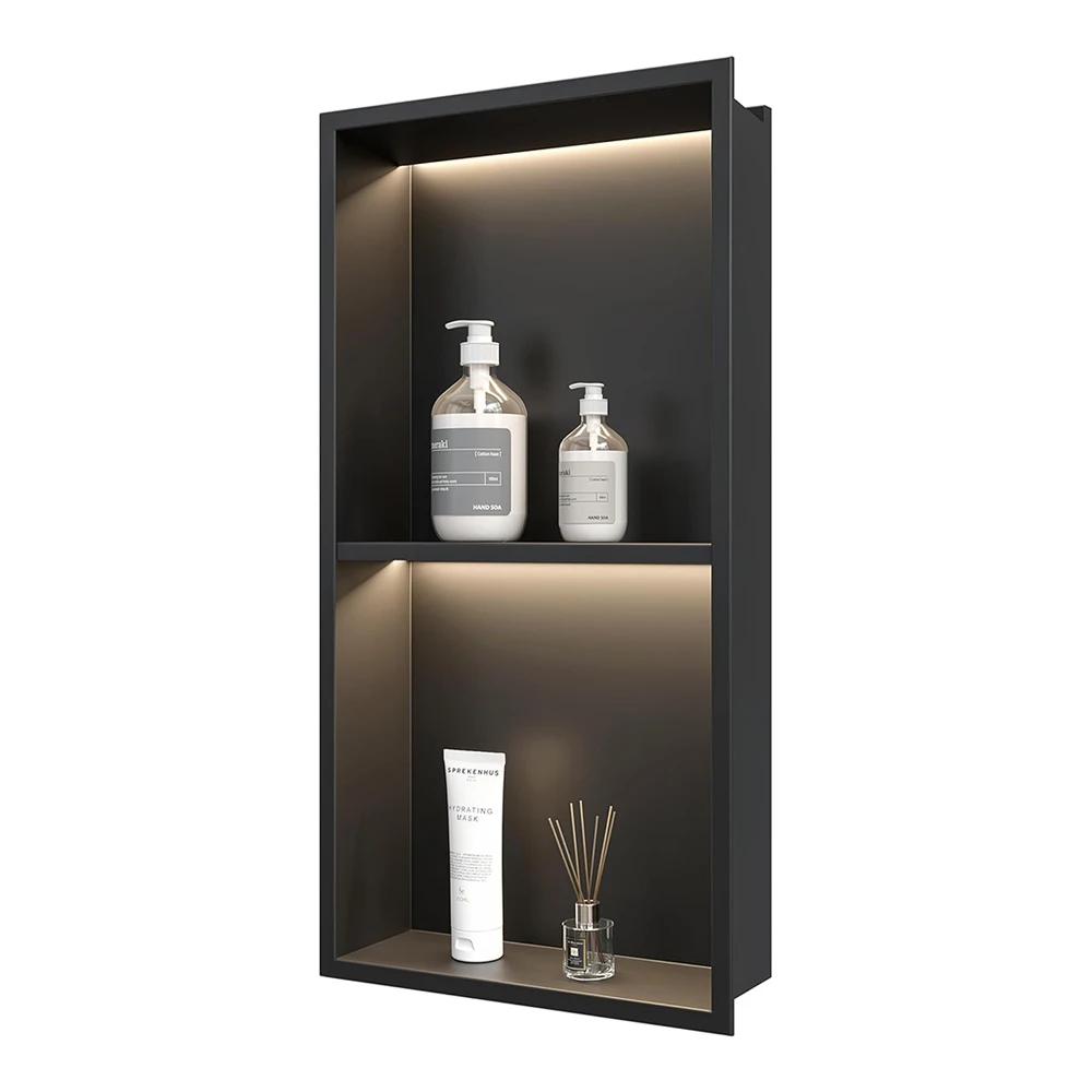 Custom Size and Matt Black Color Led Strip Wall Niche Stainless Steel 304 Shower Niche with LED Lights