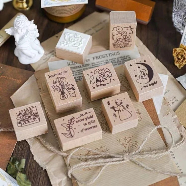 Custom Logo Wooden Ink Stamp  Decorative Scrapbooking Emotion Kids Large Wooden Stamps Moon Mini Number Wooden Stamps Set