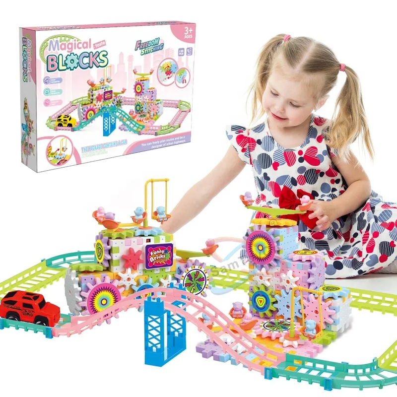 Samtoycn 135PCS Variable Puzzle Moulds Slot Toys Rail Car Rotating Electric Mechanical Building Blocks Gears Toy with Lights