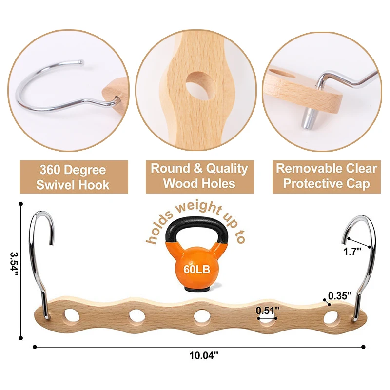 SOPEWOD Single-Tier Wooden Clothes Hangers Lacquered Cascading 5 Slots Multifunctional Double Hooks Living Room Organization