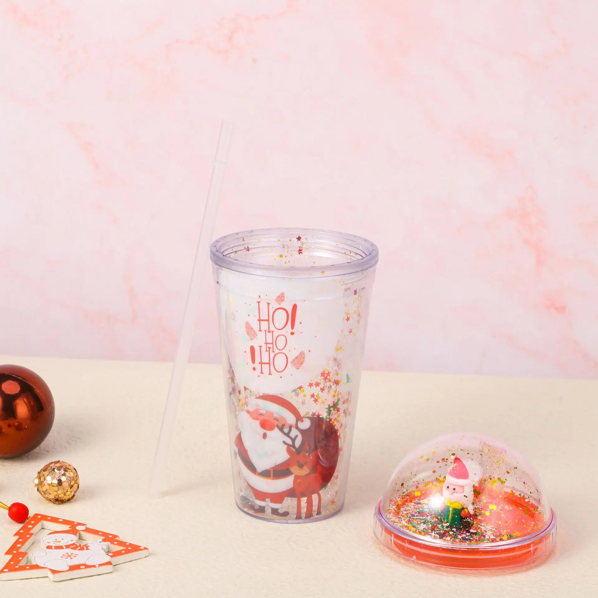 BPA Free 450ML double walled tumbler with straw Christmas Gift Cup Spot Creative Flash Pink Summer Ice Plastic Straw Cup