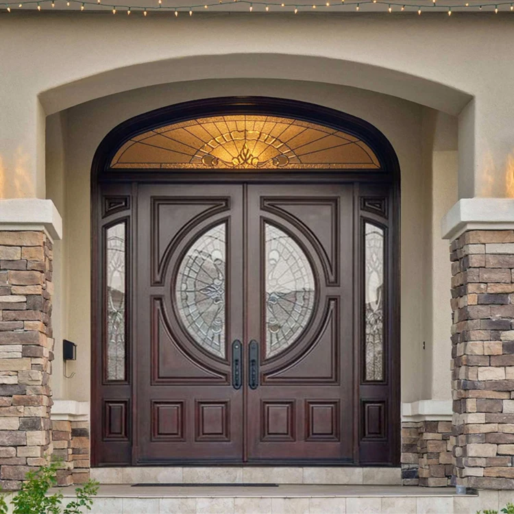 Factory price house villa front entry round arch top glass wooden door design exterior arched cherry solid wood double doors