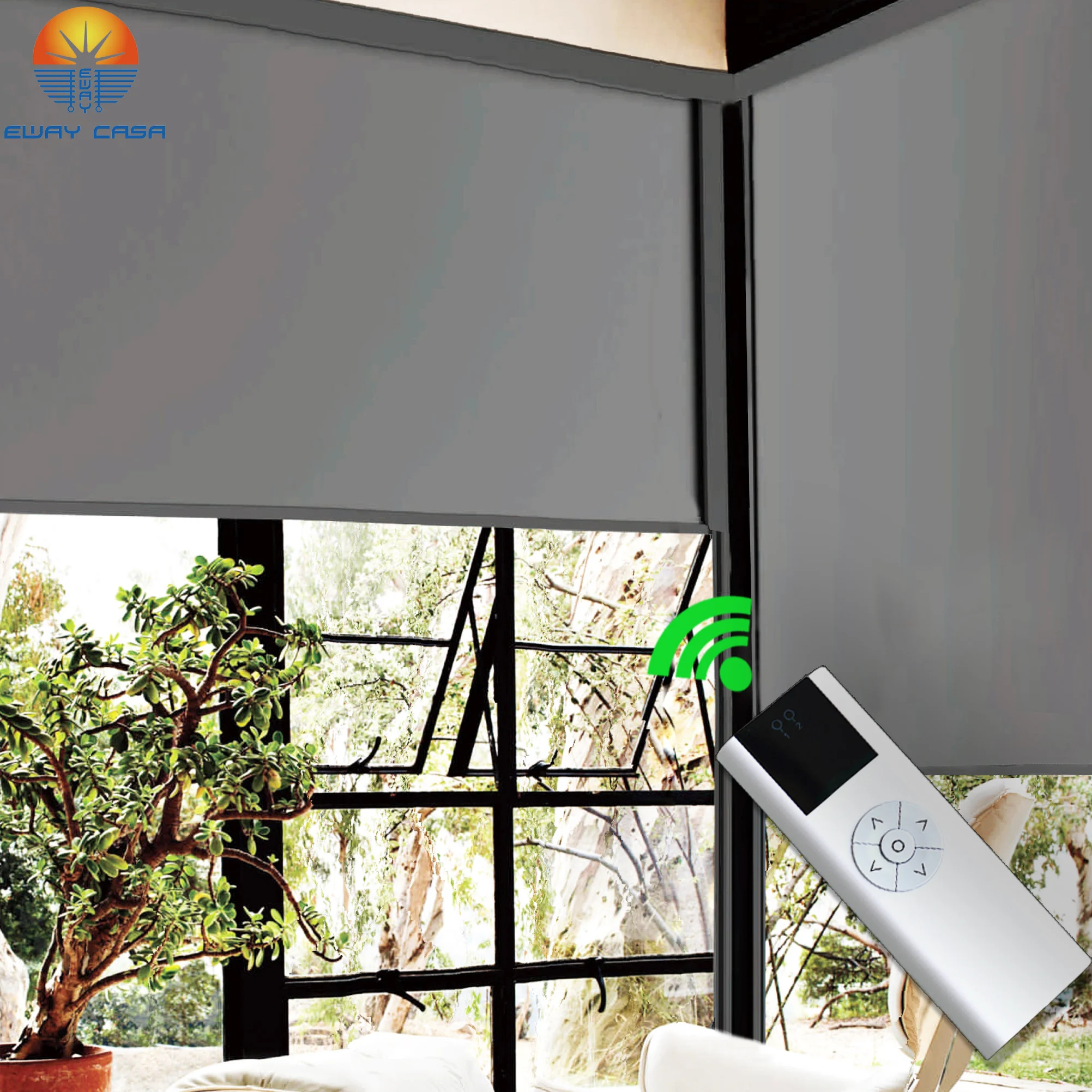 EWAY CASA Motorized Roller Blinds Windproof Outdoor Electric Blackout Window Blinds Cordless Sunscreen Shade JS-ORB-MC