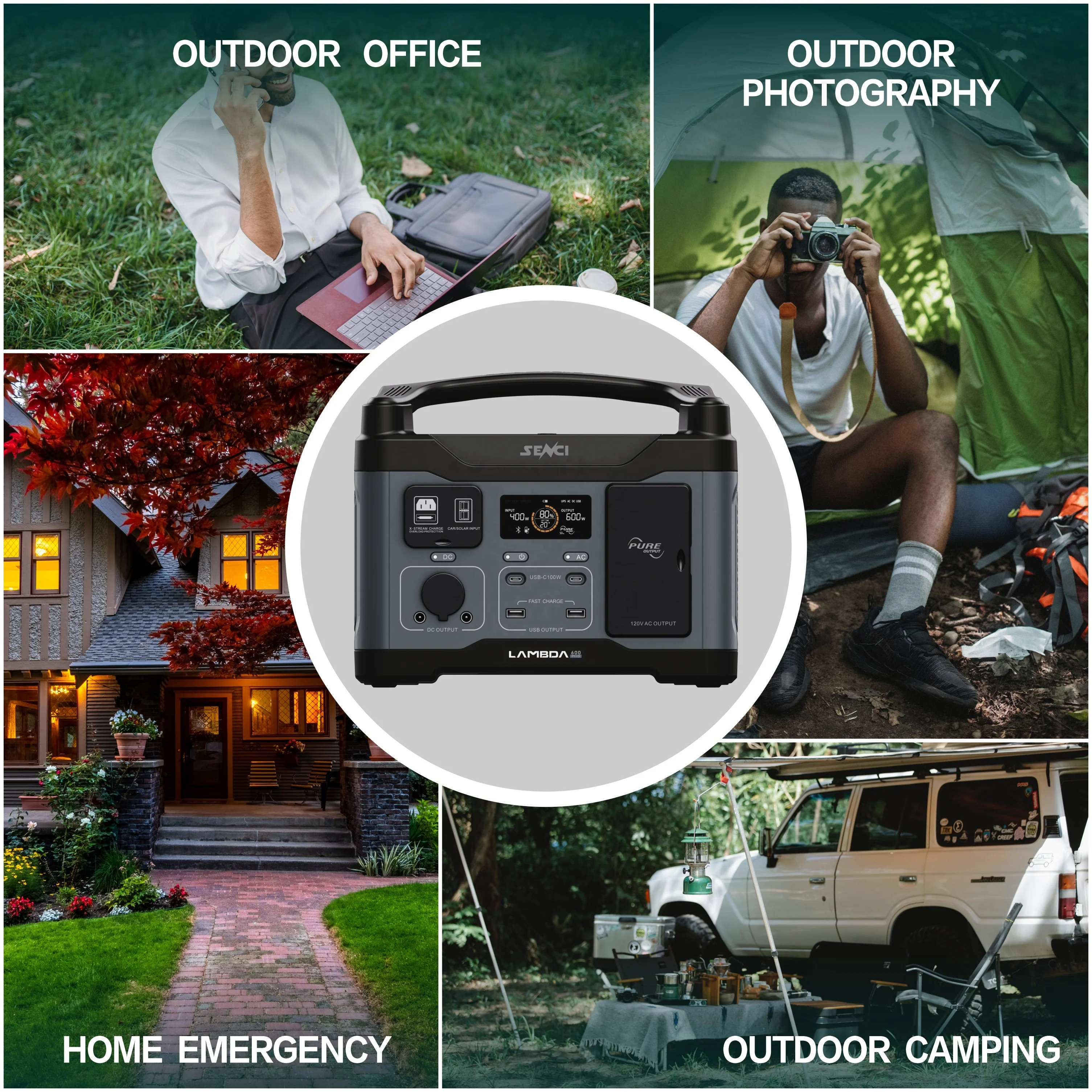 Senci Portable Outdoor Power Station 600W Rechargeable with Solar Panel Car Power Source MPPT Controller EU Plug for Europe