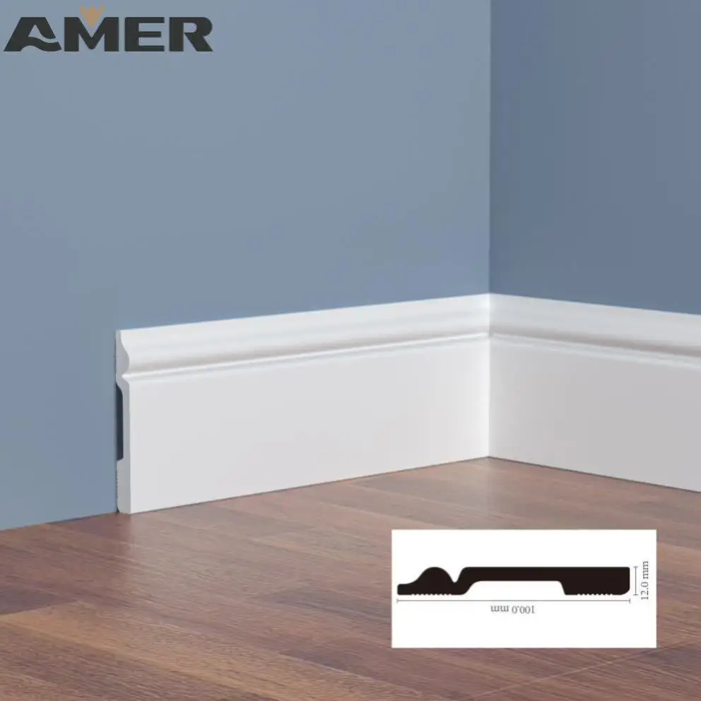 Amer Factory wholesale White Primed PS Skirting Polystyrene Baseboard PVC Wall Skirting Board Moulding
