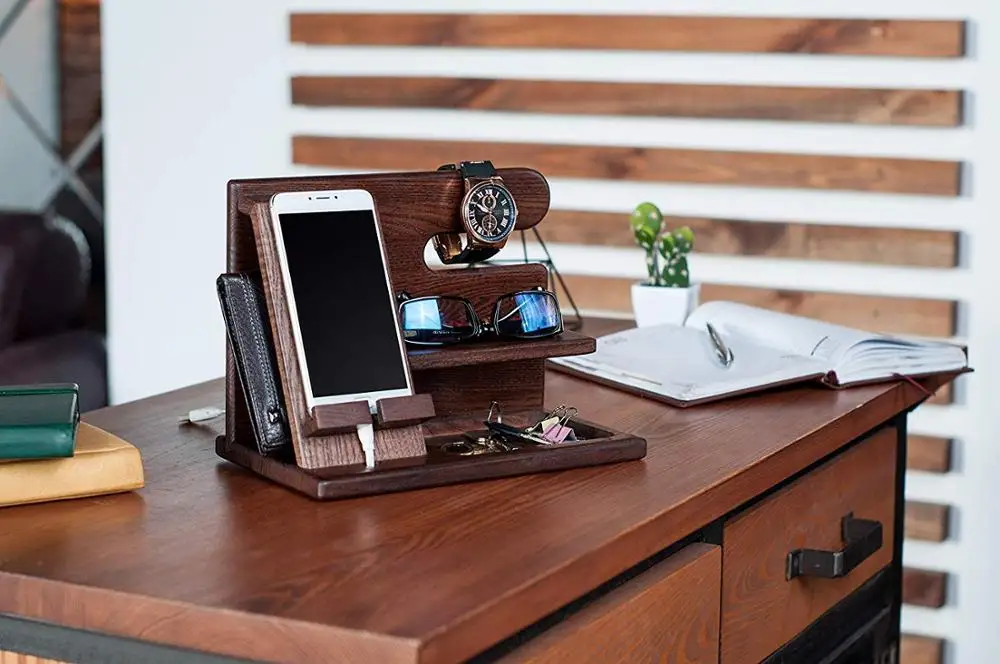 
Wooden Docking Station With Key Holder Wallet Stand Watch Organizer Men Gift Husband Dad Birthday Nightstand 
