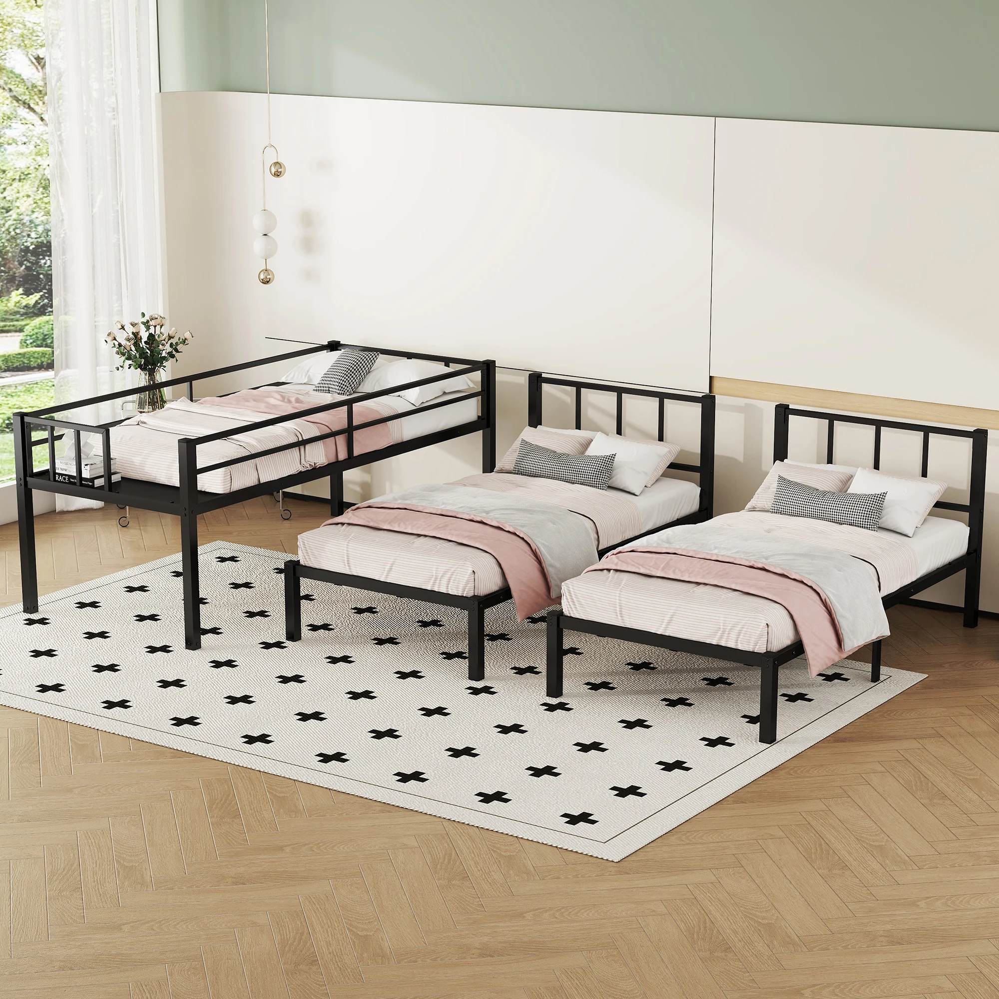 Space-Saving Can be Separated into 3 Twin Beds Black Triple Twin Bunk Bed
