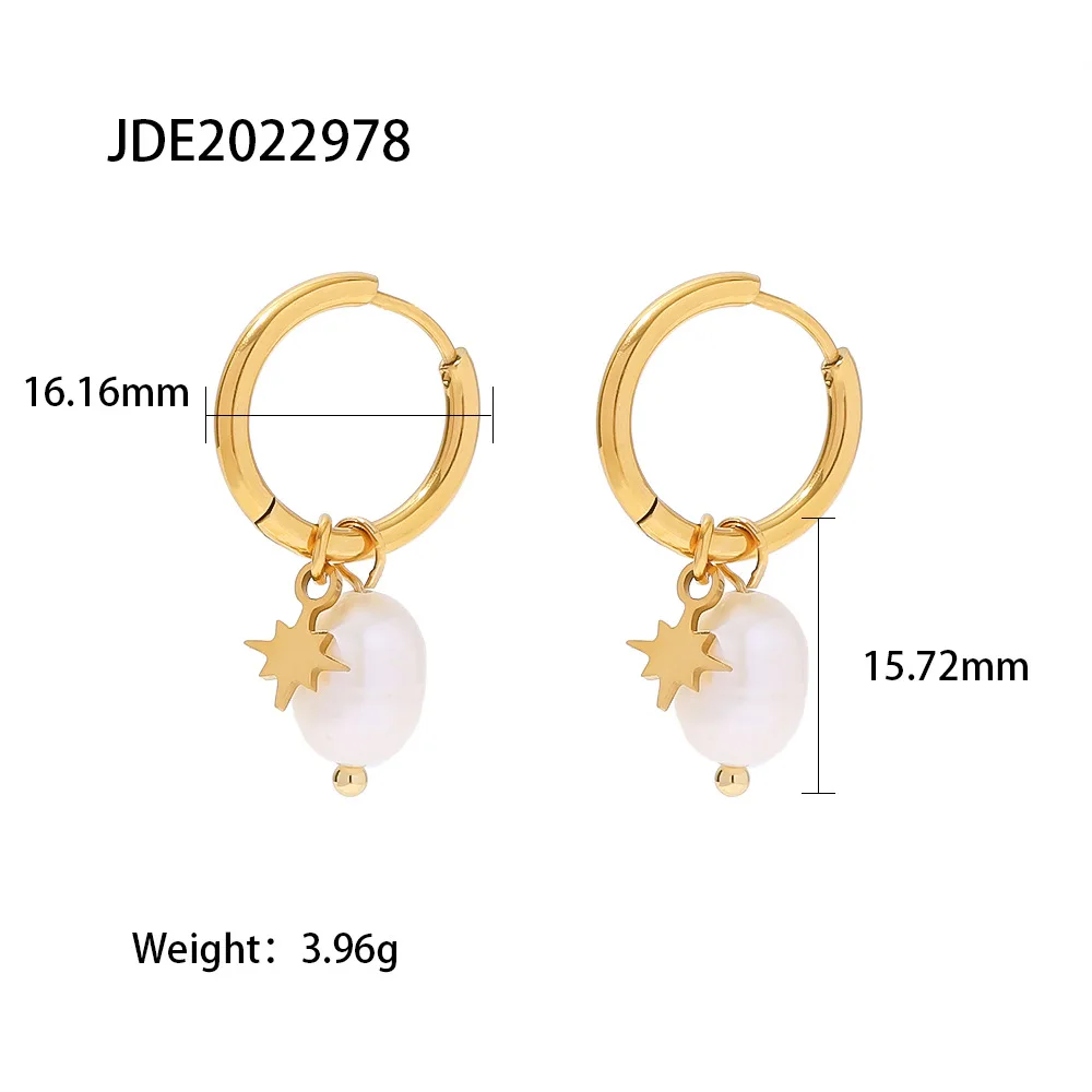 New Arrival Fashion Jewelry 18k Gold Plated Stainless Steel Freshwater Pearl Star Charm Dainty Pendant Hoop Earrings For Women