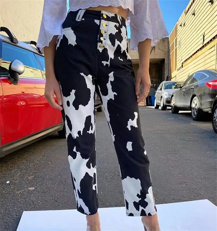 
Women High Waist Cow Straight Leg Pants Ins European Print Denim Trousers Women Jeans 2021 