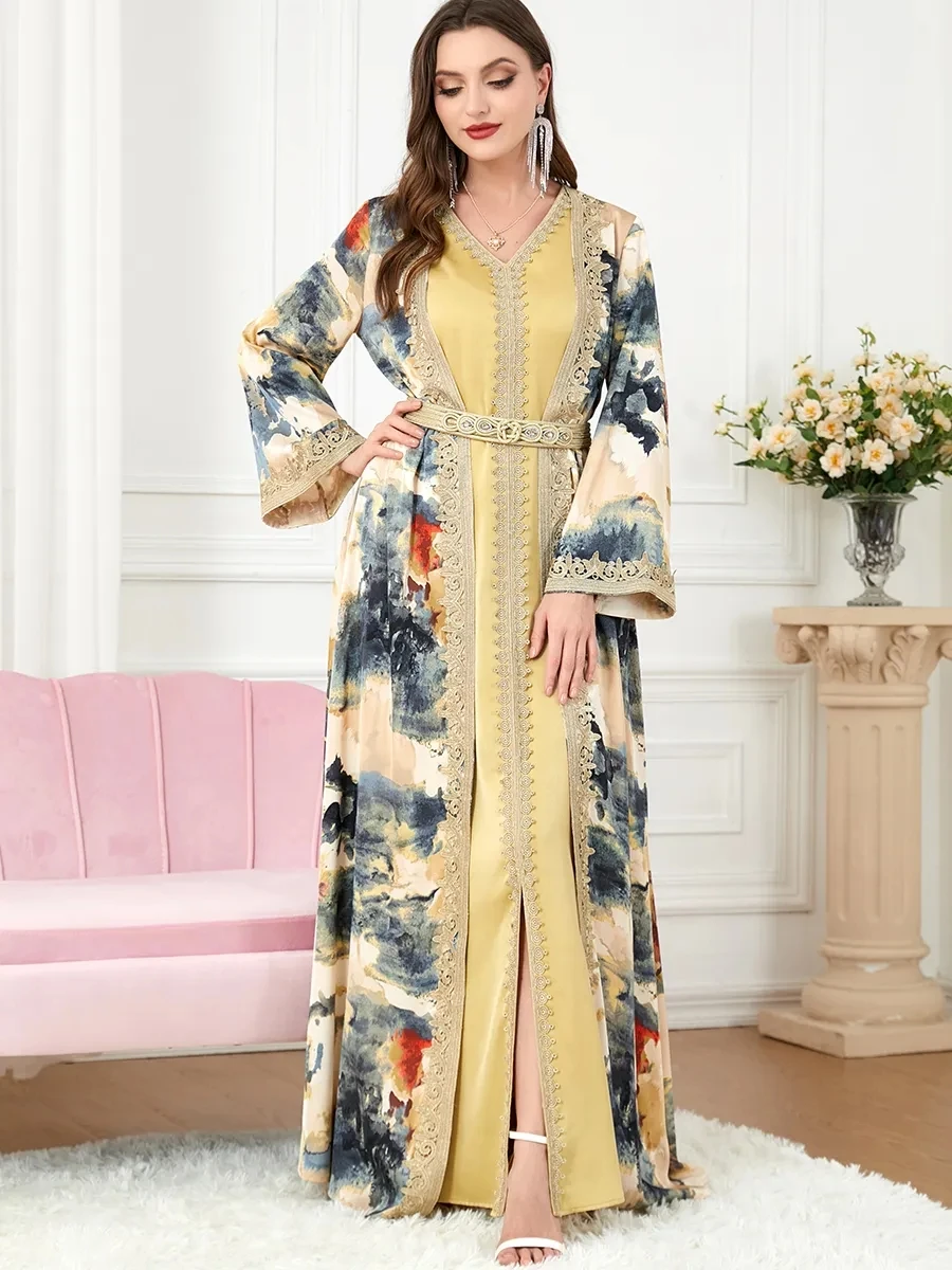 Мусульманский комплект Jalabiya для женщин Ramadan Abaya женское элегантное платье с принтом марокканского кафтана костюм из 2 предметов исламские длинные платья 2023