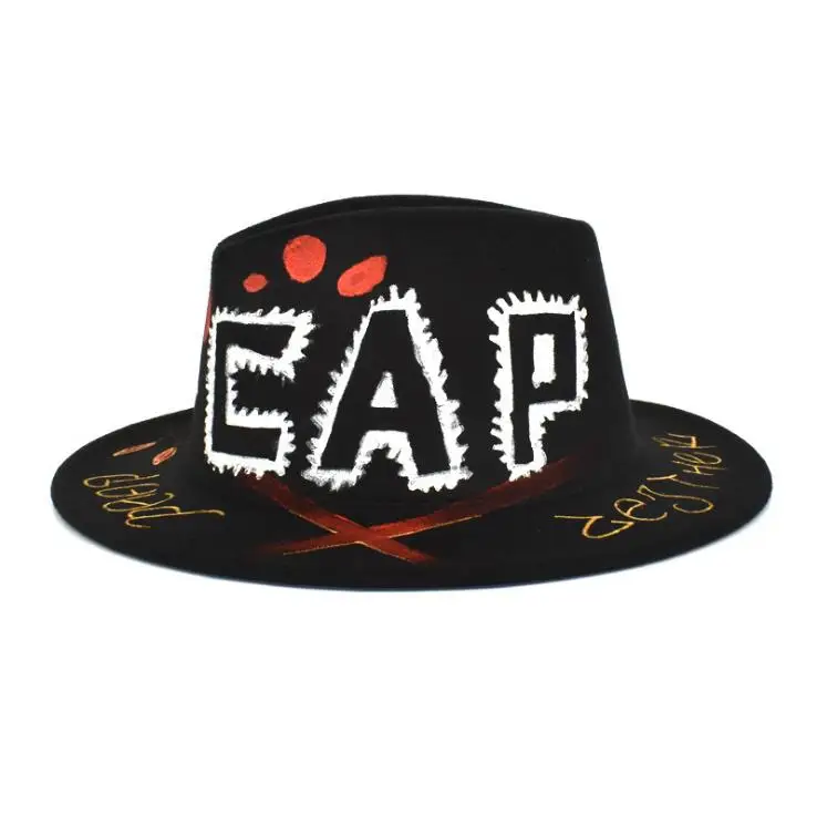 
Classic Wide Brim Floppy Panama Hat Hand Painting Felt Wool Fedora Hat Unisex Jazz Hats Custom 