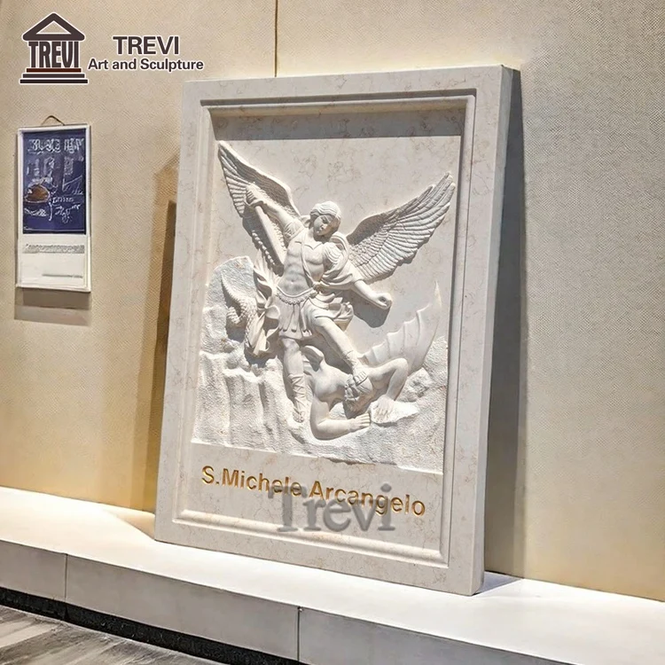 Modern Religious Decoration Natural Stone Carving White Marble Wall Relief of Saint Michael Sculpture