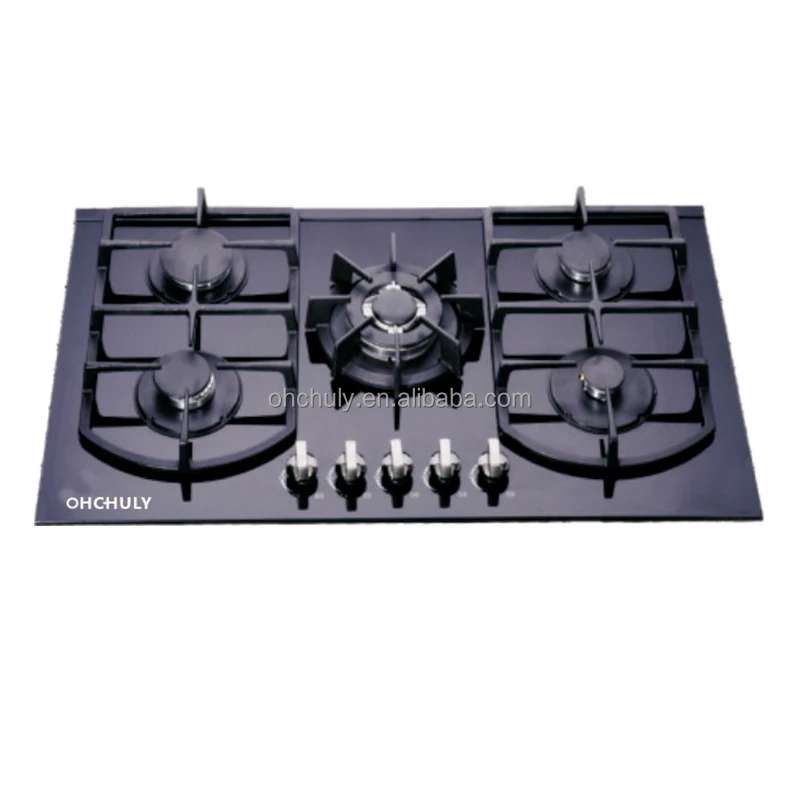 Home Appliance Tempered Glass Cast Iron Pan Supports lpg or gp Stove Kitchen Build In 5 Burners Gas Hob