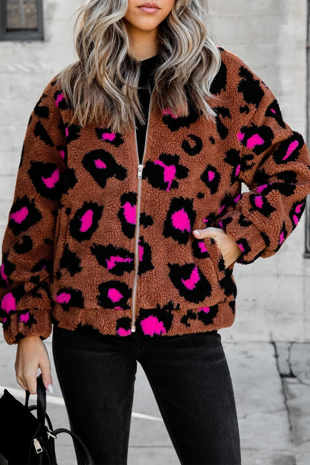 Dear-Lover Western Clothing Custom Winter Warm Leopard Zip Up Stand Collar Sherpa Teddy Women Fleece Jacket