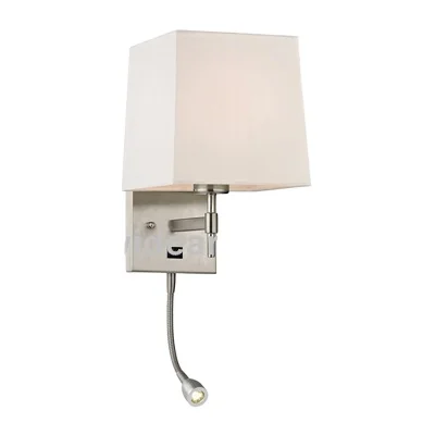 UL CUL Listed 2 Light Sconce Brushed Nickel Hotel Headboard Reading Lamp With Fabric Shade For Bedroom W40288