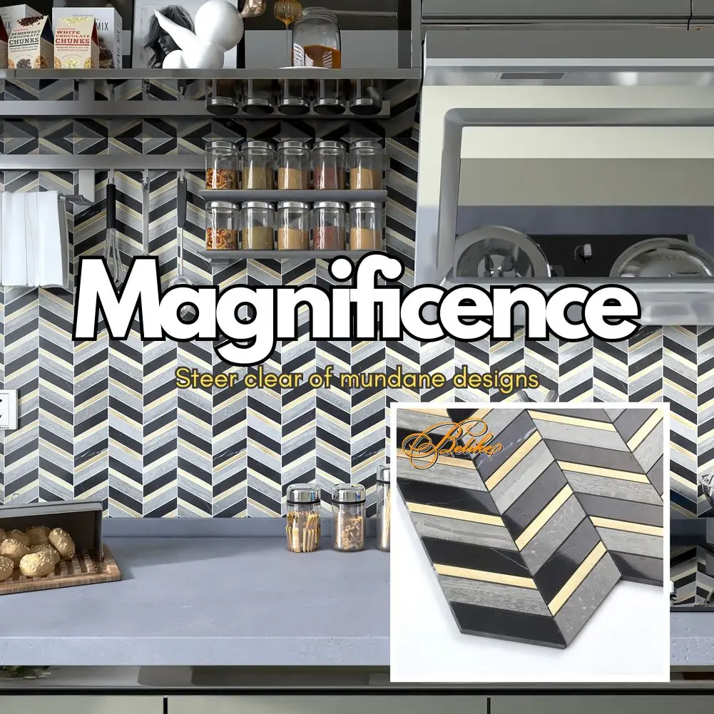 Chevron Design Lavish Marble Mosaic Tile Facade Background Wall Accent Covering Feature Ambiance Space Transform Metal Trimmed