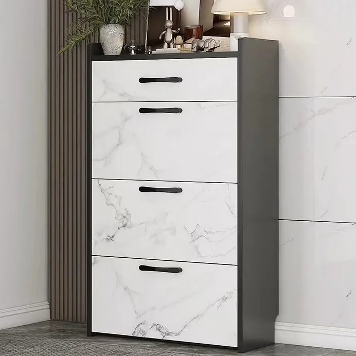Modern White Marble 4 Tier Tipping Bucket Design Shoe Cabinet Wooden Shoe Rack With Storage Drawer
