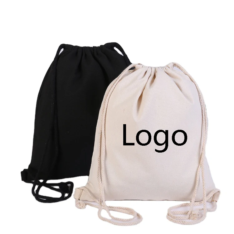 
Best Price Promotional Gift Black White Cotton Canvas Drawstring Bag Backpack with Custom Logo 