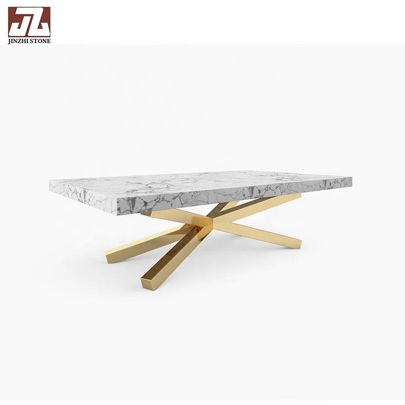 Furniture Series Rectangle Marble Dining Table With Gloden Stainless Steel Brackets Coffee Side Table For Home