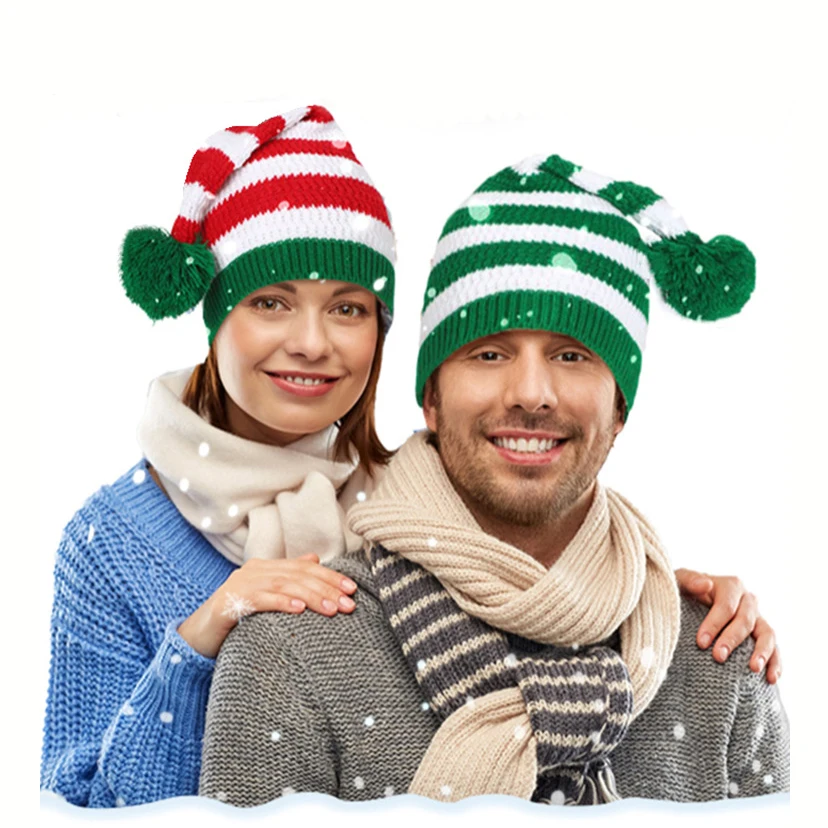 HC322 Christmas Santa Hat Knitted Xmas Party Beanie Elf Hat Unisex Adults Striped Winter Hats Keep Warm Caps