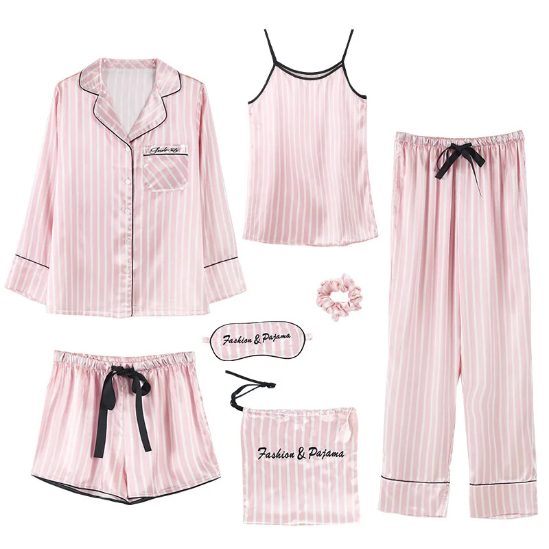 7 Pcs Set Ice Silk Satin Nigh Wear Long Pajamas Sexy Camisole Shorts silk pj sleepwear sets Women for Home wear