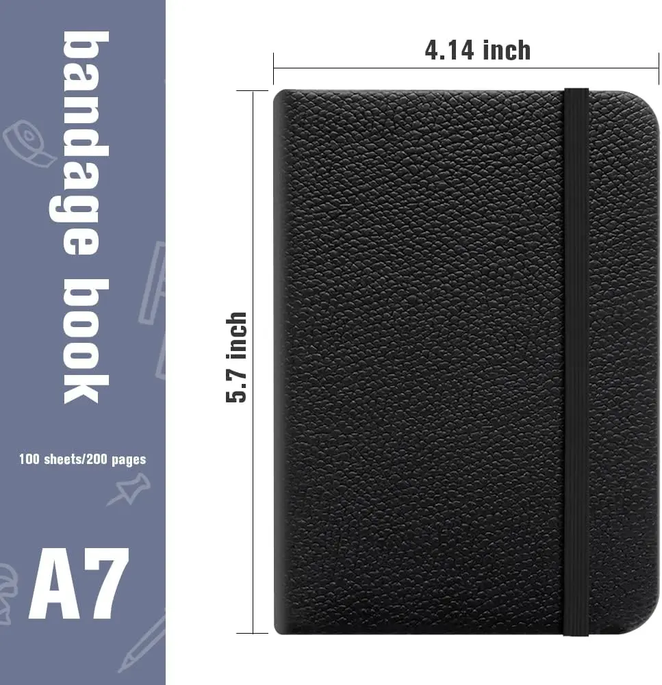 Pocket Mini A7 Notebook, 3.9 x 2.7 Inch, Hard Cover with 200 Pages, Leather Diary with Bookmark & Elastic Closure