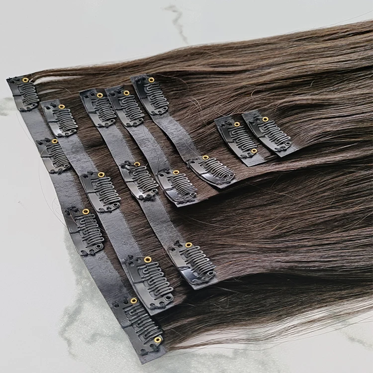 Wholesale 100% Premium 1B Natural Black Color PU Seamless clip in hair extension Virgin hair clip ins straight