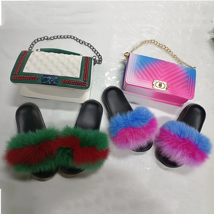 Fox Sandals Furry Fur Slippers Fluffy Flip Flops Diamond Chain Fur Slides For Women Ladies colorful outdoor fur slippers