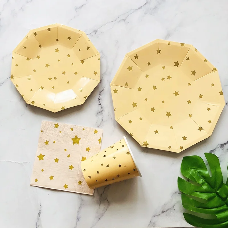 Factory Wholesales 9/7inch Confetti Star Mint Green Decagon Paper Plates Napkins Cups sets Dinner sets Biodegradable