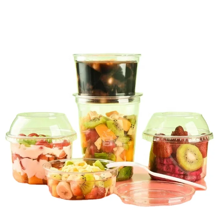 Round disposable composable cold food vegetable fruit salad yogurt cake clear pet plastic dessert cups with lid