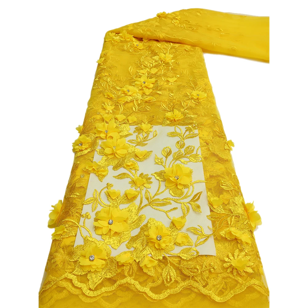 NI.AI Embroidery 3D Flower Lace Net Fabric French Net Lace Luxury Embroidered Lace Fabrics With Stones