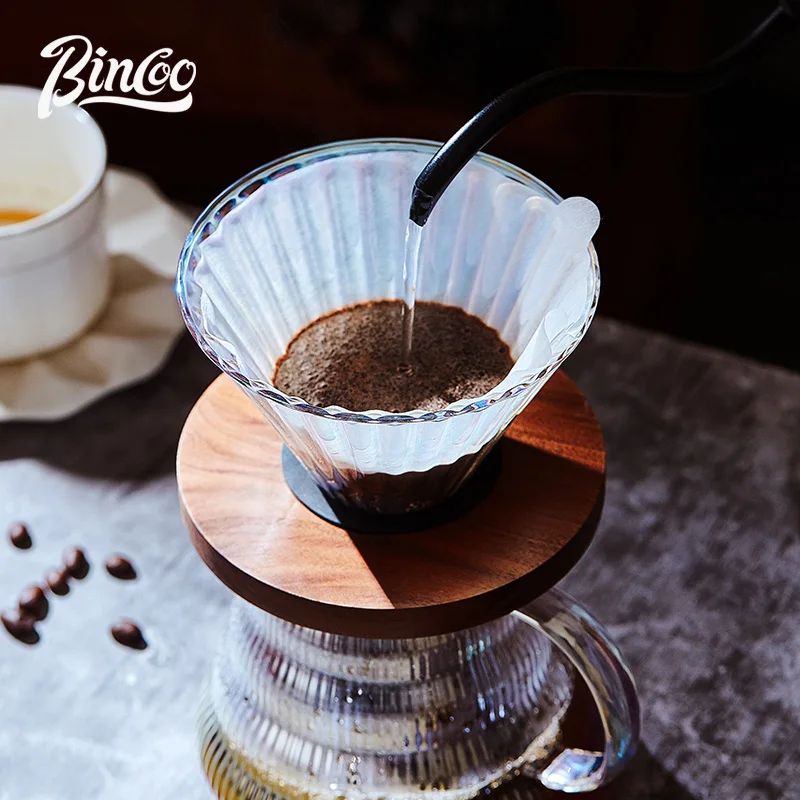Bincoo Colorful Glass Coffee Filter with Wooden Stand for Pour Over Coffee Dripper