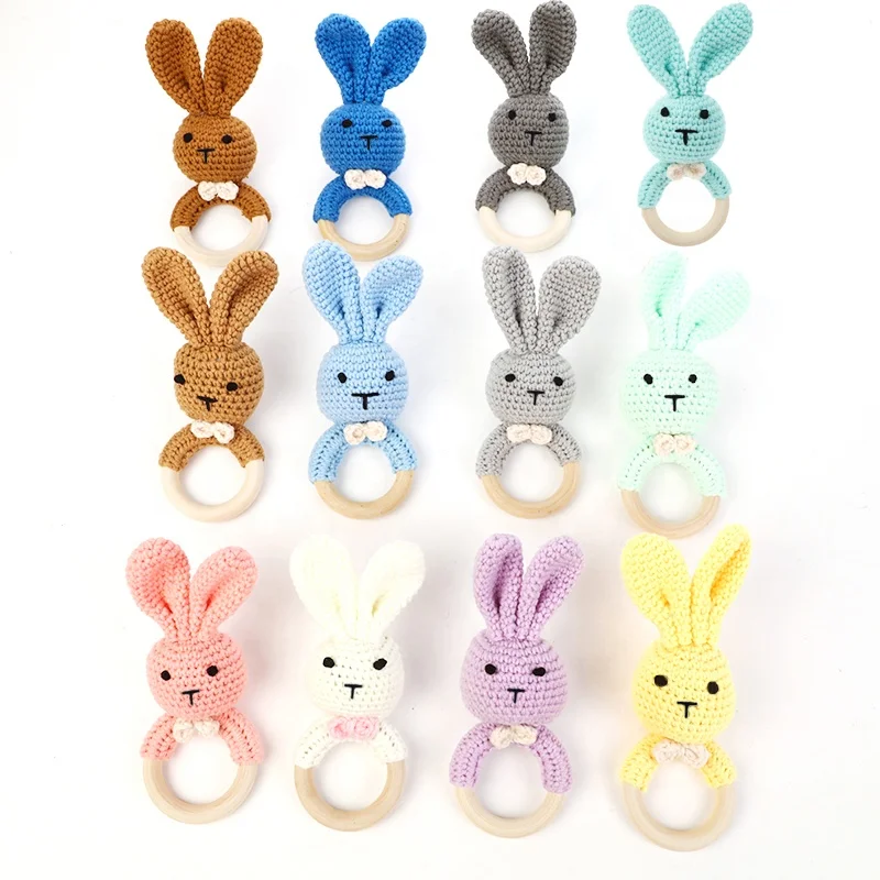 Rabbit Shape Baby Rattles Toys Food Grade Teethers Rattle Handmade Cotton Wooden Baby Rattle