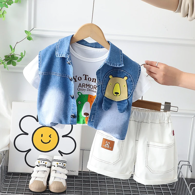 2023 Summer Baby Boys Clothes Sets Short Sleeve Print T Shirt Denim Jacket Pants 3 Pieces Fashion Toddler Outfits Kids Clothing