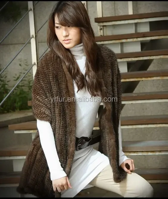 YR101 Lady High end Shawl Women Elegant Hand knitted Genuine Mink Fur Cape