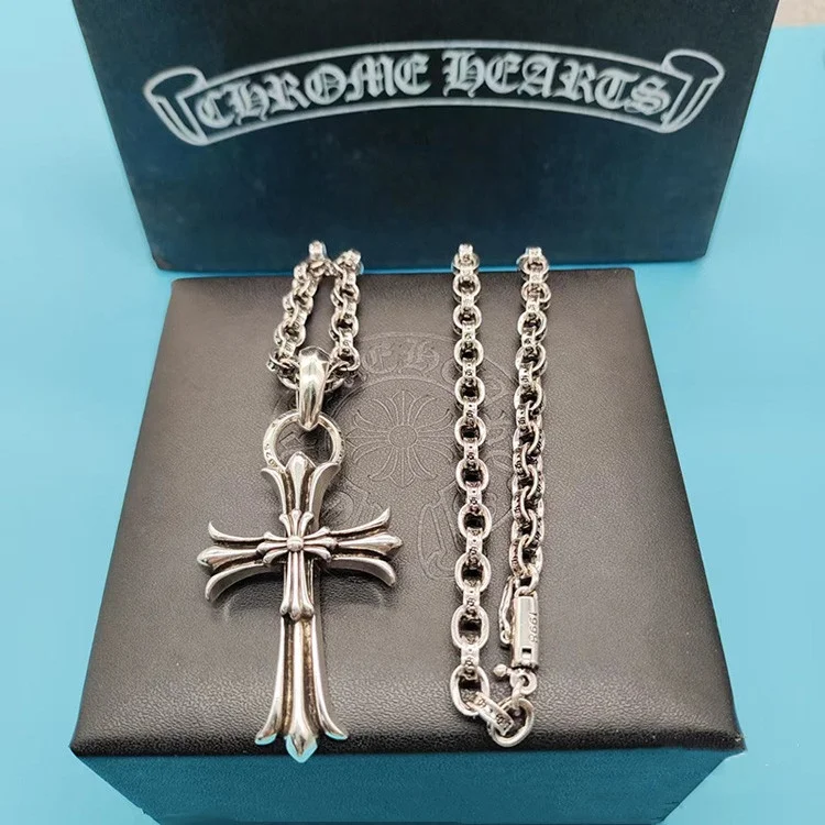 Vintage chrome heart necklace jewelry Cross pendant long cross double pendants retro Thai silver necklace for man