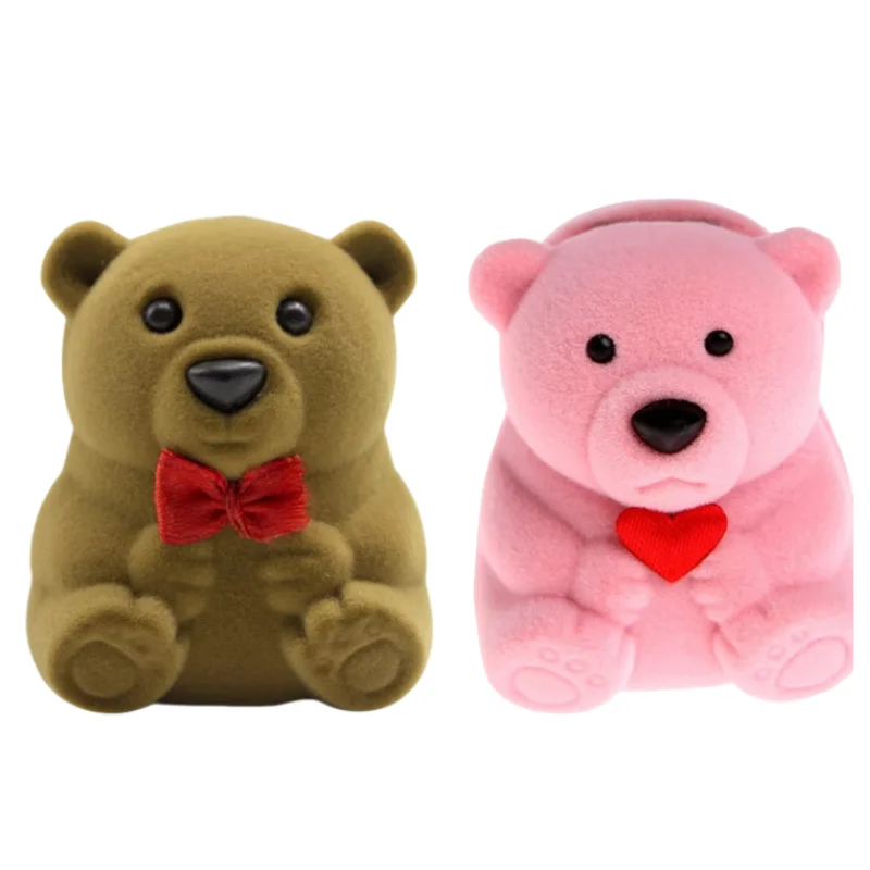 Bear Ring Box Flocking Jewelry Trinket Box Simple Ring Storage Box for Proposal Ring Wedding Ceremony Engagement Christmas