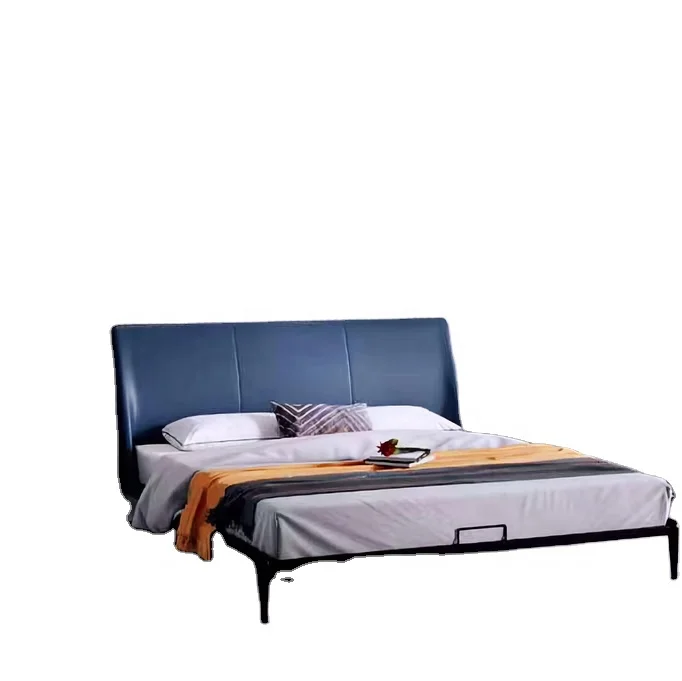 
New arrival furniture bedroom set queen size with metal frame genuine navy blue leather crate & barrel wood slat bed 