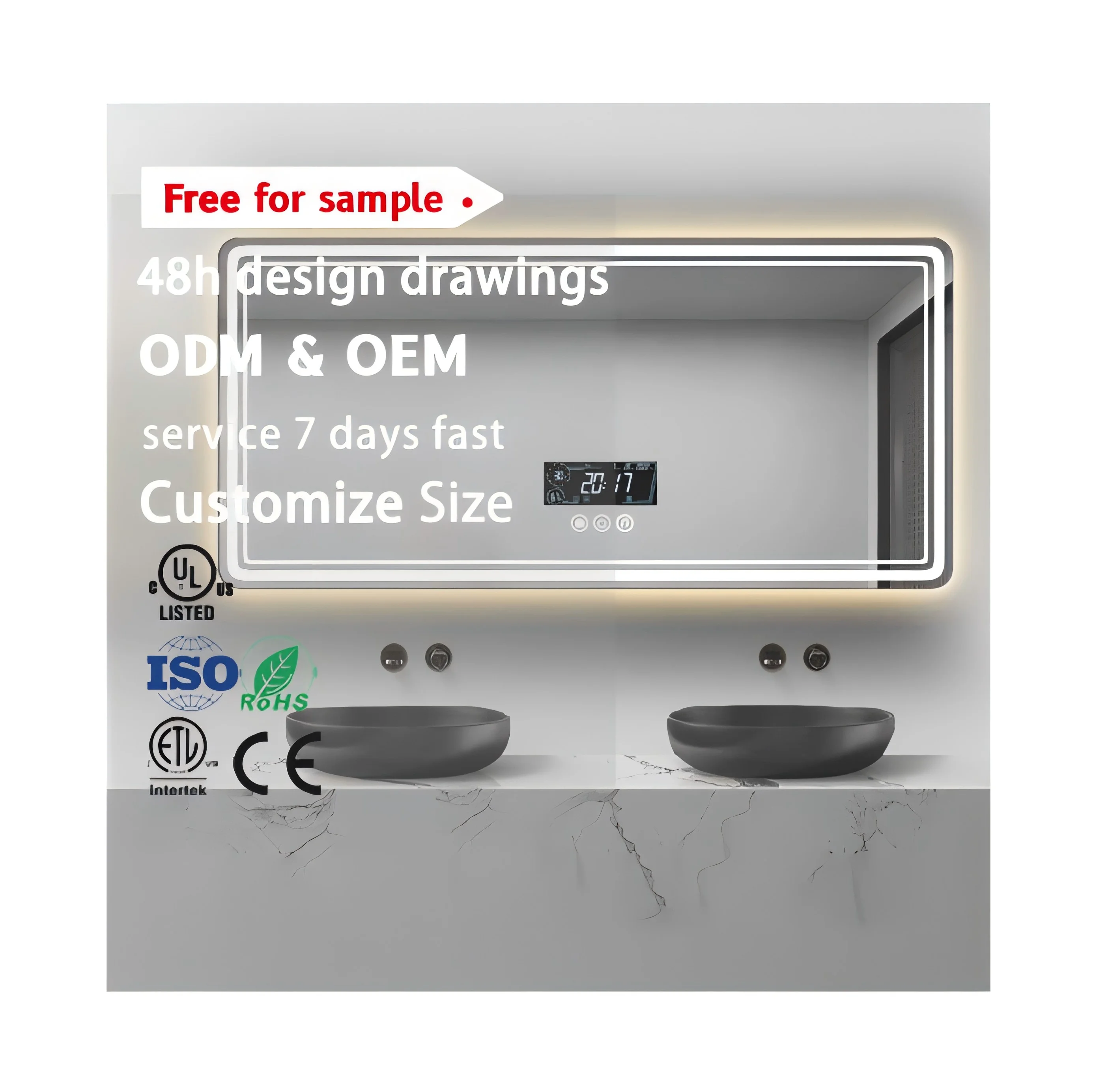 12V 5A Hig-tech Time Display bluetooth Screen Smart Touch Led Lighted Vanity Bath Defogging rectangle washroom led mirror