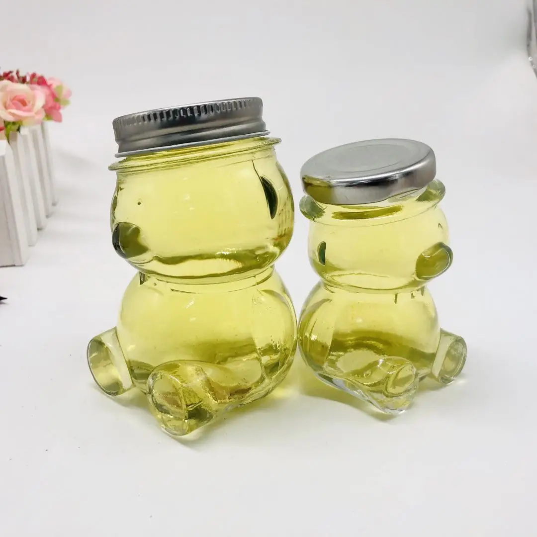 Unique Design Animal  Bear Shape Glass Container Honey Jar Pot Jam Sauce Food Packing Bottle with Screw Lids