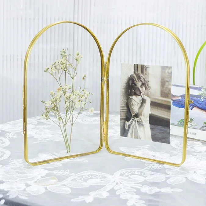 Open glass frames photo albums accessories arc photo frame copper pressed flower gold triple 4X6 Folding picture frame
