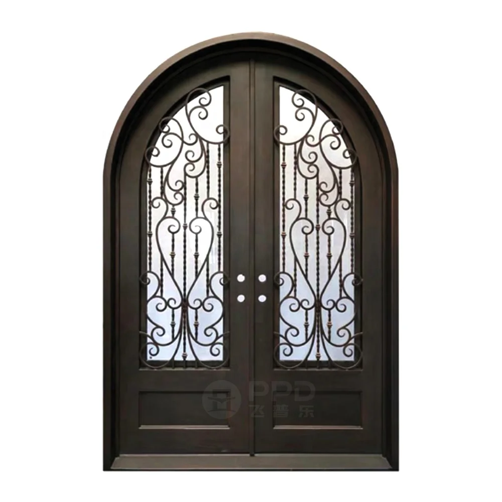 Villa Luxury Metal French Arch Double Main Double Doors Safety Security Entrance Wrought Iron Doors With Glass