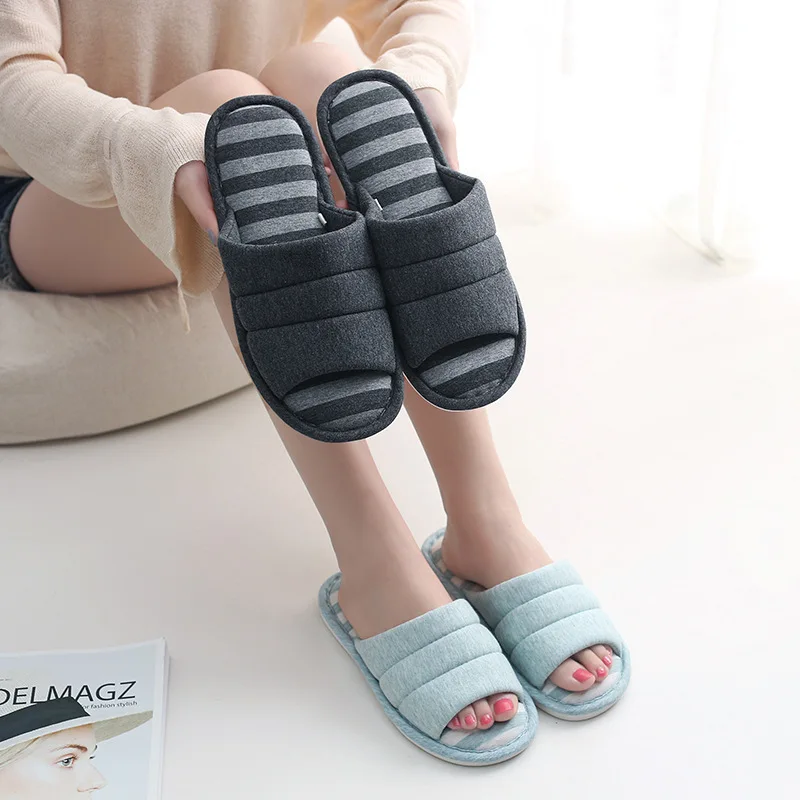 Home knitted fabric cotton men and women couple non-slip slippers indoor home slippers wholesale