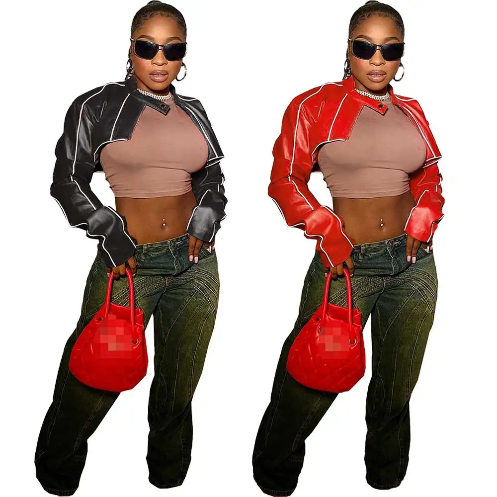 Crop Leather Jacket Hoodie Zip Up Coats Y2K Street wear Cyber Racer Patchwork Cropped Jackets Coats