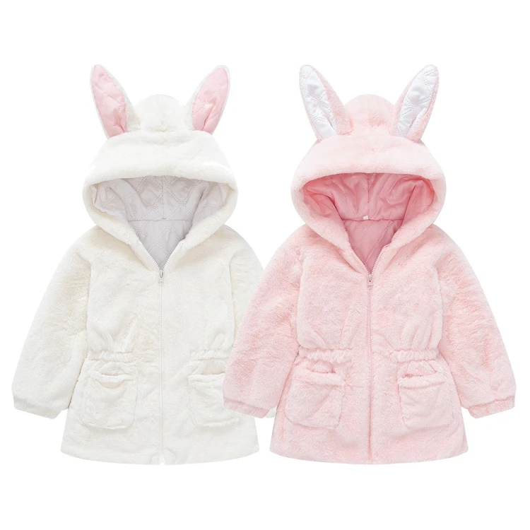 M1246 Fall Little Girl Long Sleeve Bunny Ears Jackets Wool Sweater Faux Fur Warm Kids Girls Winter Coat
