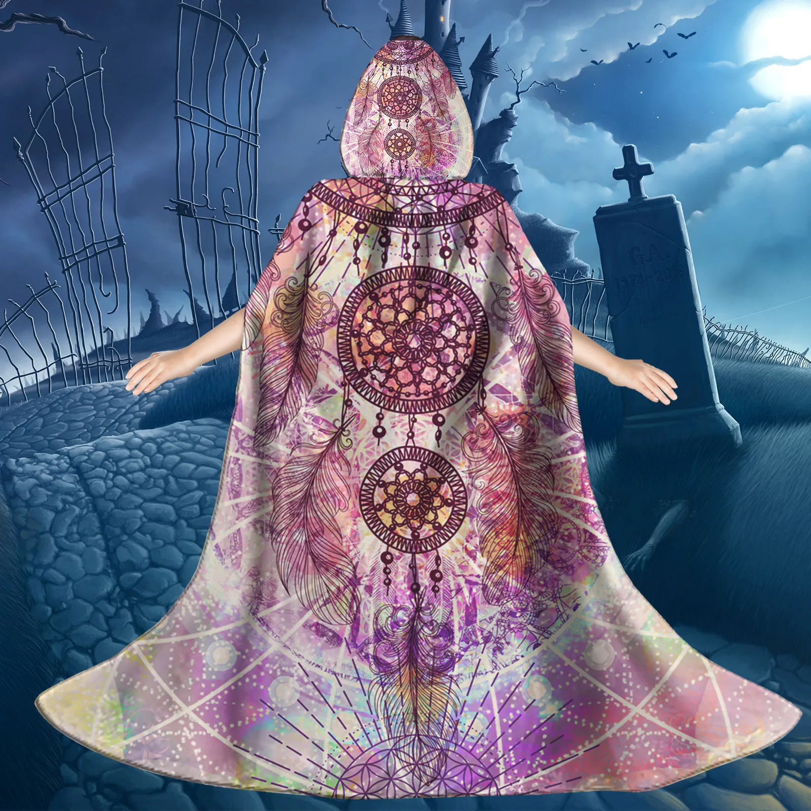 Yellow Drean Catcher Custom Print Kids Hooded Cloak Halloween Witch Cape for Celebrate Chilldren Wear 3D Digital Printing